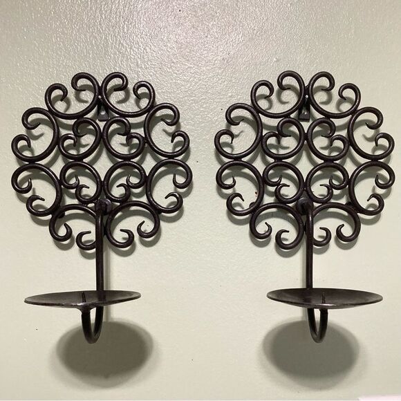 TREE OF LIFE Pair of Circle Candle Holder Wall Sconces 10 x 6.5 inches - Picture 2 of 12